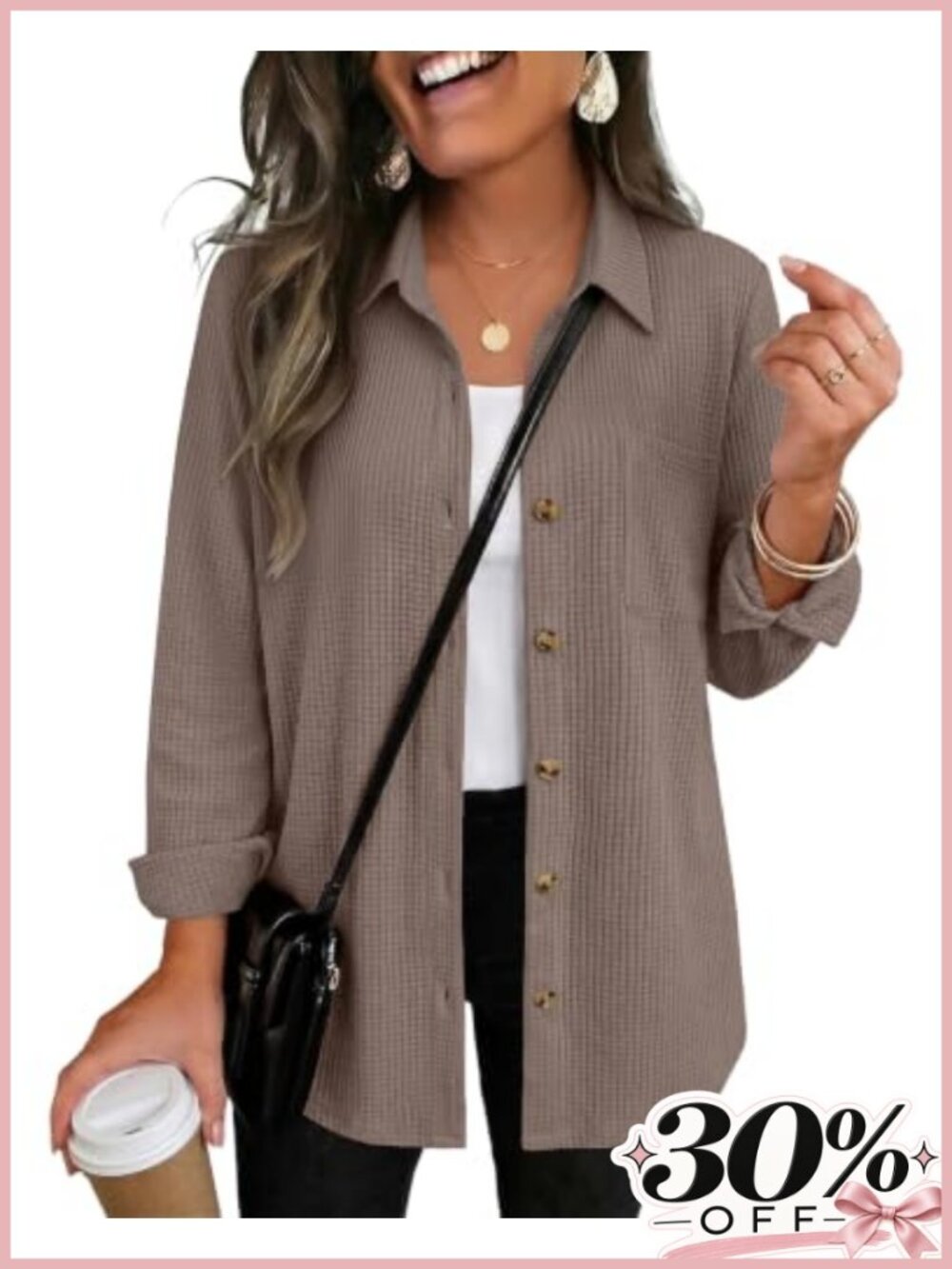 Zeagoo Waffle Knit Button Down Shirt Long Sleeve Pocket Shacket